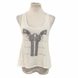 Cowgirl Hardware White & Black/Silver Rhinestone Pistol Sheer Lace Back Tank - L